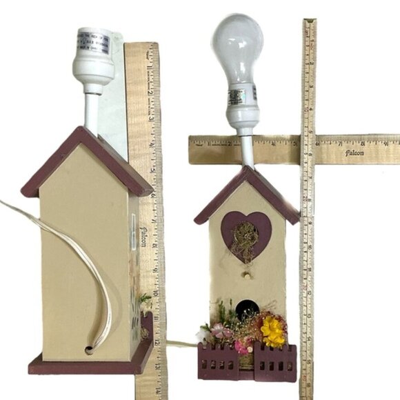 Birdhouse Table Lamp Sunflower Rustic Wood Hand Crafted Tan Country Barn Red - Picture 3 of 15